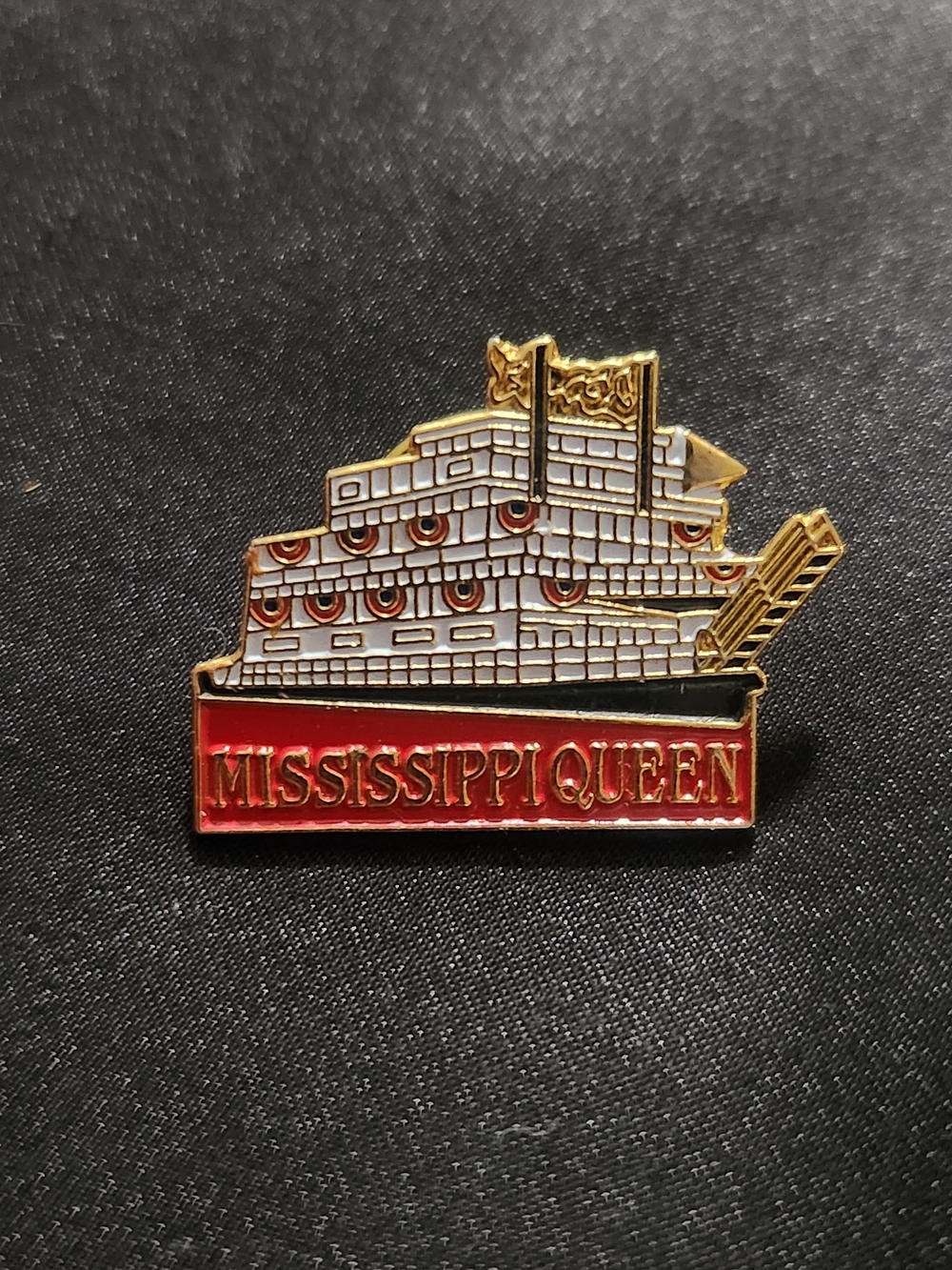 ​Vintage Mississippi Queen Steamboat Lapel Pin Gold Tone Enamel Paddlewheel Rive